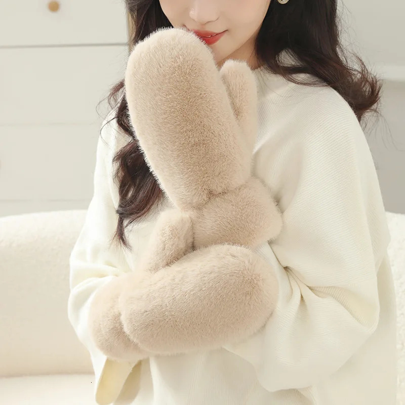 Womens Winter Gloves Thick Warm Plus Cashmere Soft Full Finger Windproof Plush Rabbit like Fur 241212