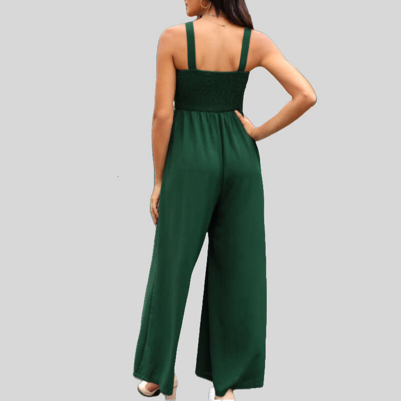 Black Square Collar Pleated Jumpsuit For Women, European And American Casual Slimming Overalls, Wide Leg Pants