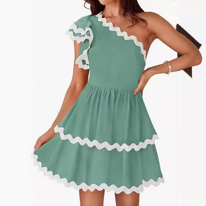 Urban Sexy Dresses One Shoulder Dress Casual Summer Contrast Color Ruffle Party Mini Dress for Cocktail Beach Club Streetwear