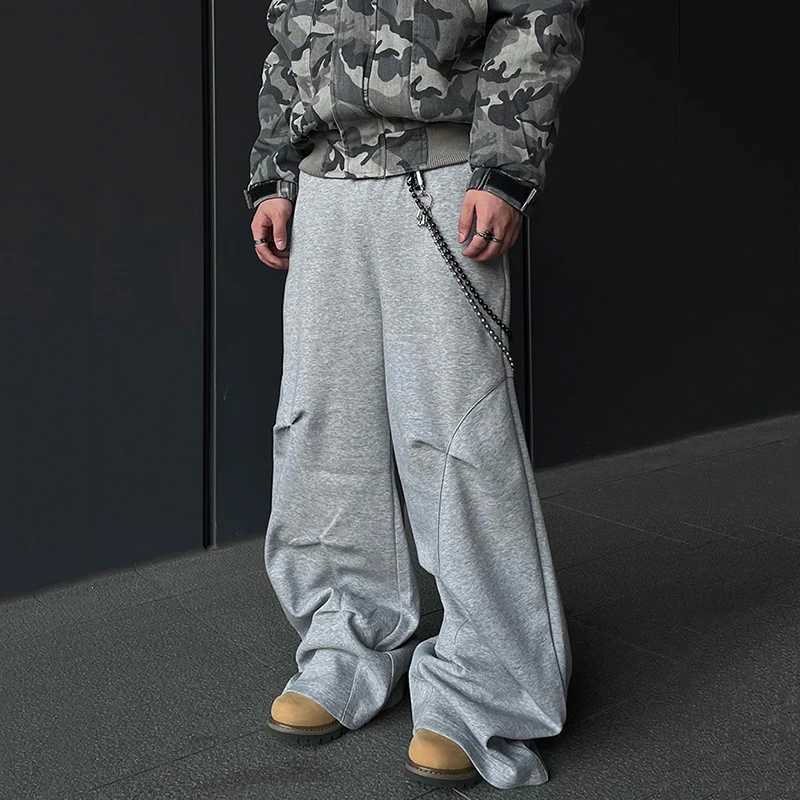 PFNW autumn mens casual sports pants with pleated solid color elastic waist straight bottom wide leg mens tight pants 12C1953 X241216