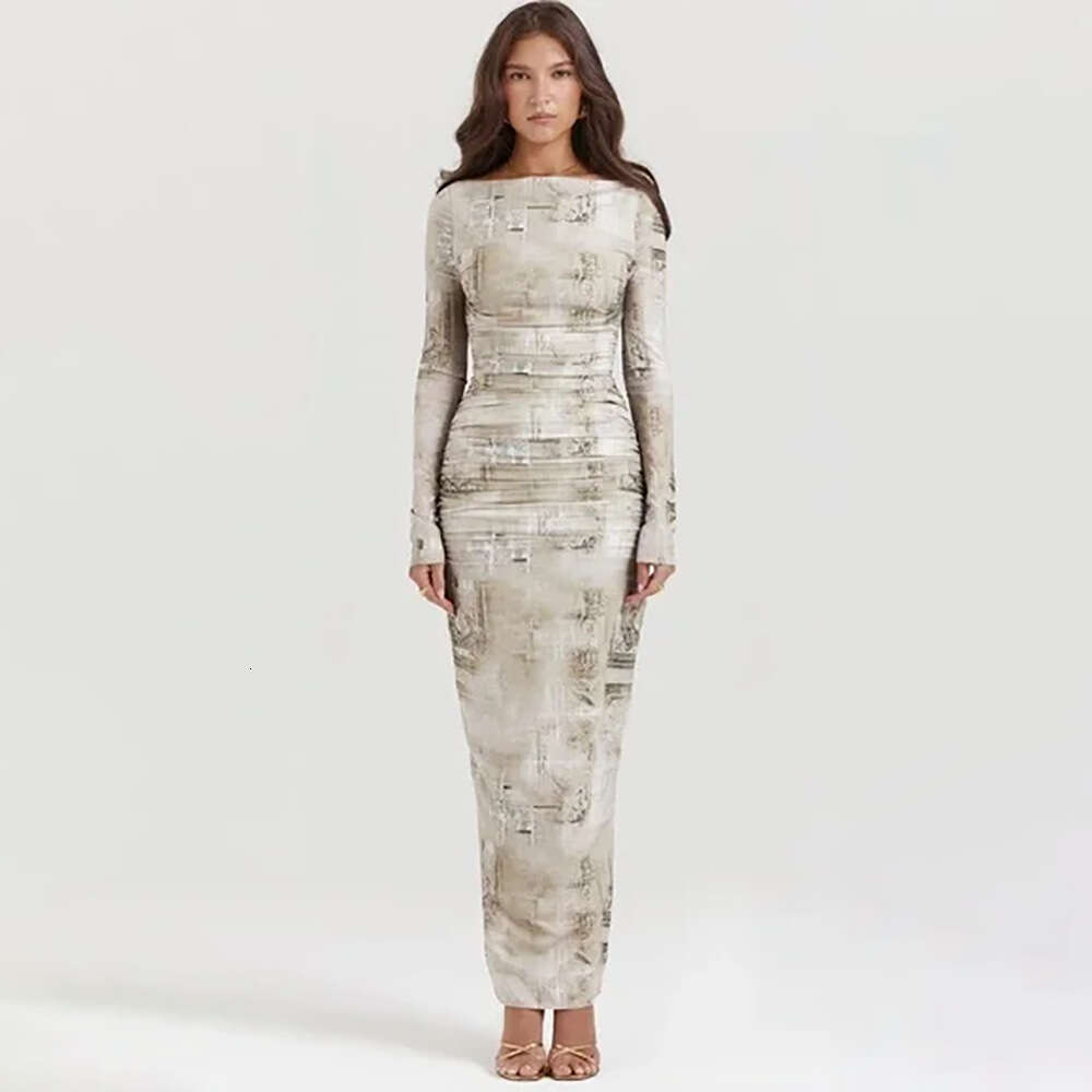 Autumn New European And American Style Slim Fit Dress With Printed Sleeved Design, Slit Long Skirt, Women's Fashion Quality Classic