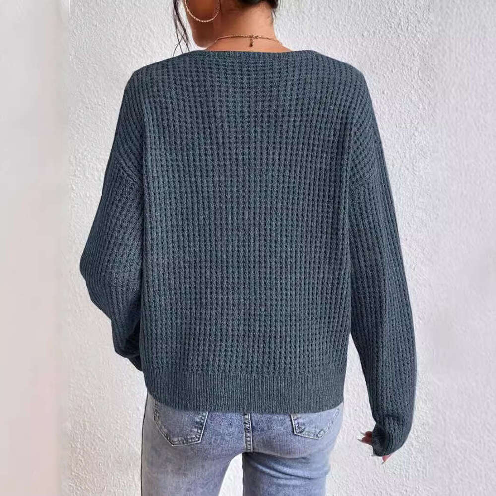 European American Solid Color Long Sleeved Clothes For Autumn Women, Comfortable And Casual V-Neck Pullover
