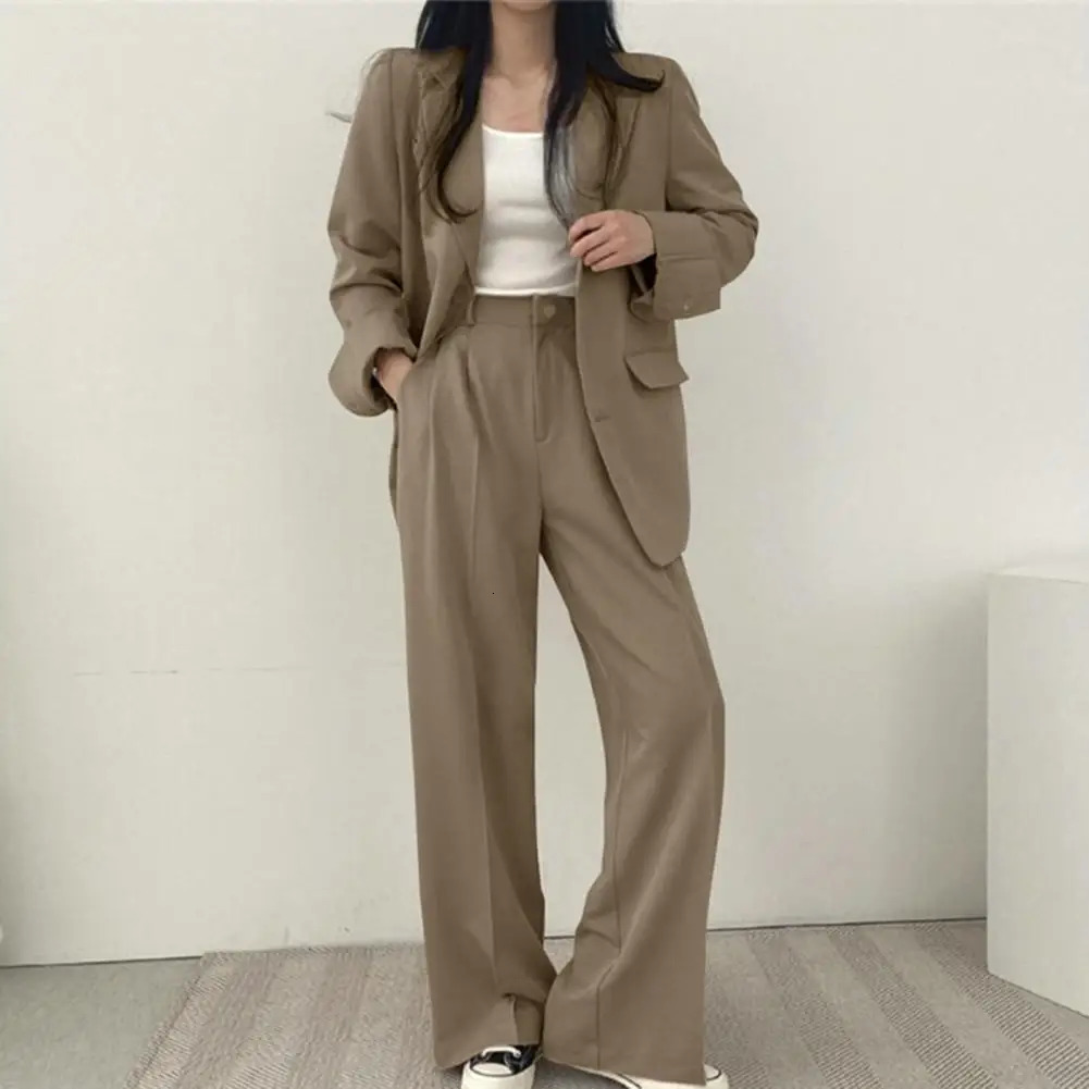 2024 Women Blazer Pants Korean Fashion Open Front Jacket Straight Wide Leg Suit Pant Casual 241212