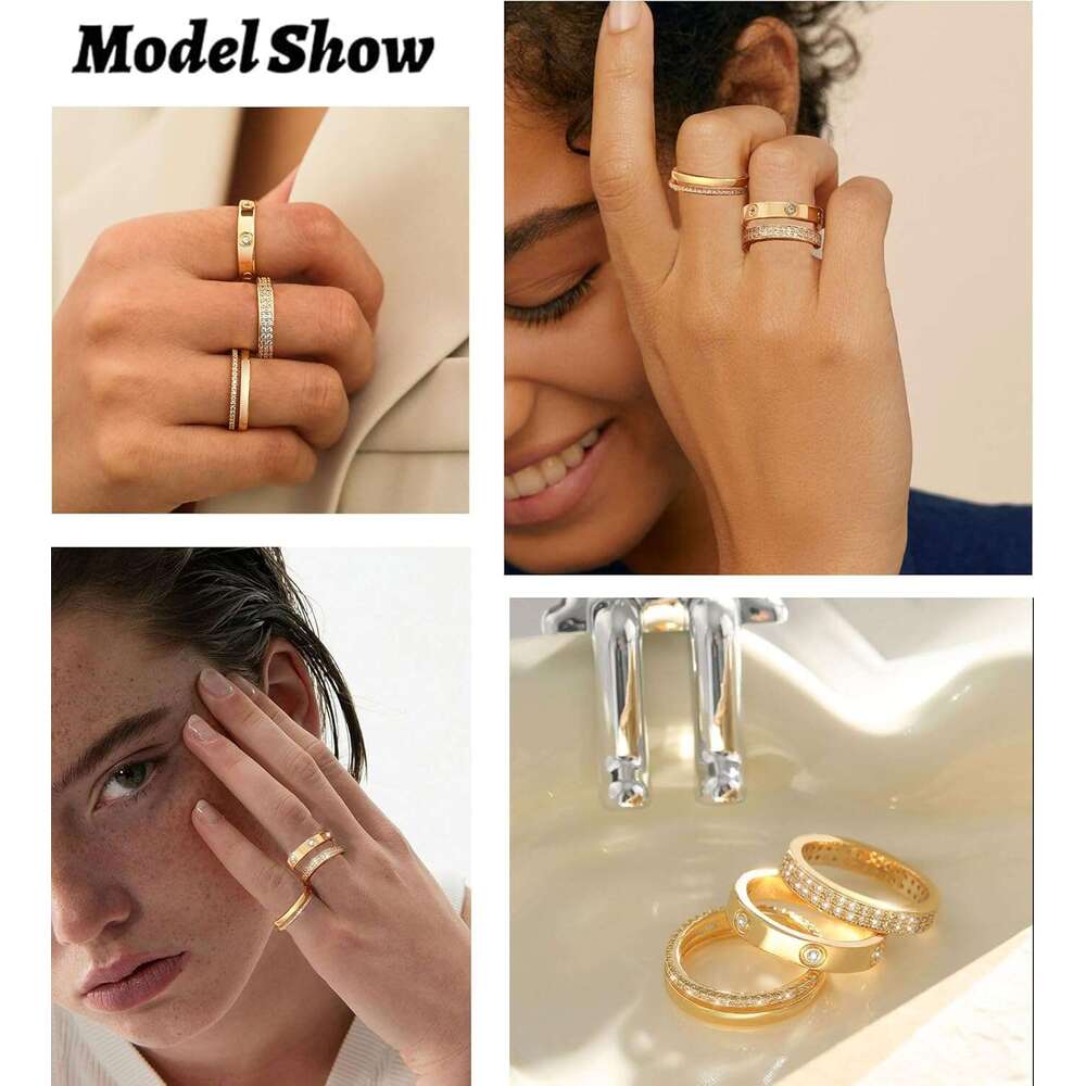 Sier for Women Non Tarnish Stackable Trendy Dainty Gold Plated Stacking Cubic Zirconia Thumb Ring Set Love Friendship Dual Band Promise Wedding Engage