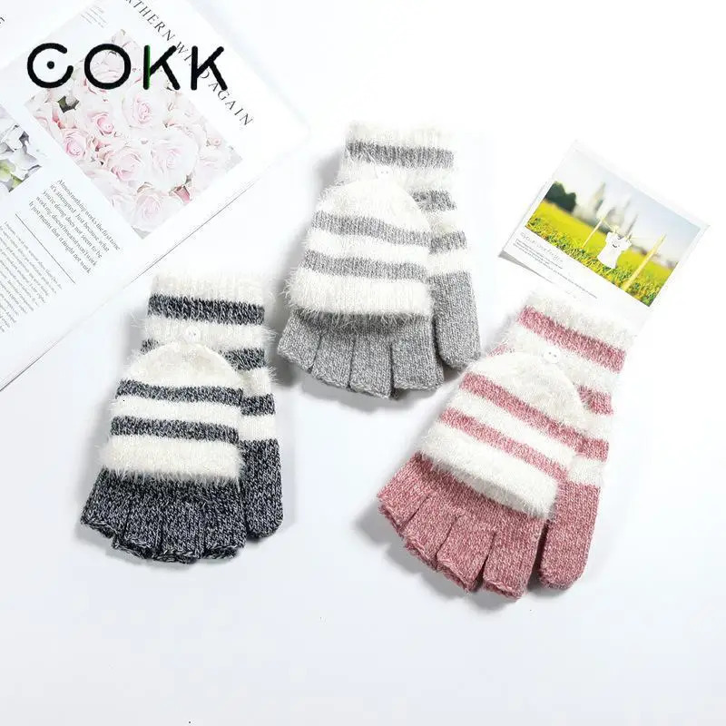 COKK Womens Fingerless Gloves Cute Artificial Rabbit Fur Striped Knitted Winter Warm Hand 241212