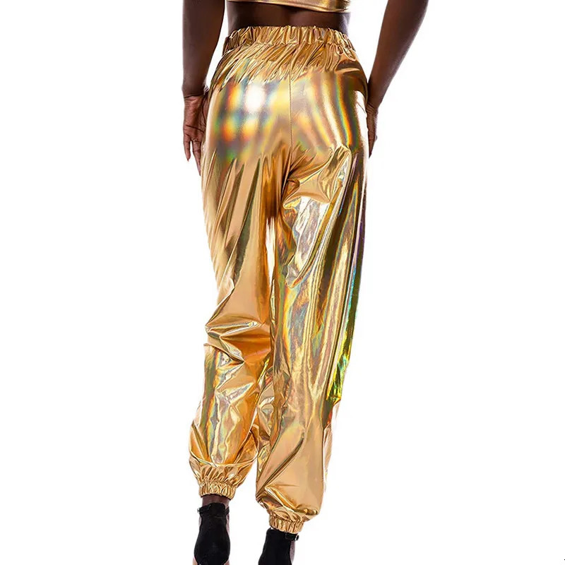Womens Shiny Metallic Jogger Pants High Waist Stretchy Holographic Color Hip Hop Trousers 241212