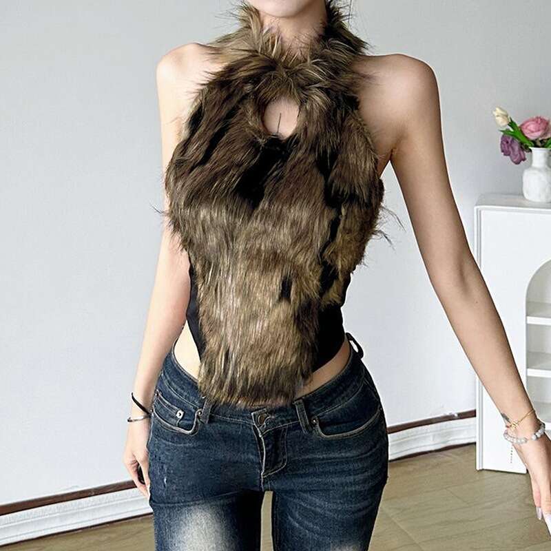 Street Spicy Girl Wind Hair Splicing Hanging Neck Hollow Vest For Women's Winter Slim Fit Sexy Backless Base Shirt, Fashionable Quality Classic B
