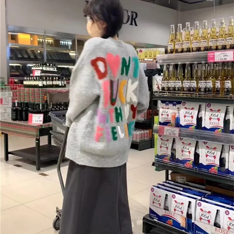 Sweater Women Fashion Letter Print Knitwear Jumper Thicked Casual Oversized Rops Mujer Korean Y2k Knit Pullovers 241216