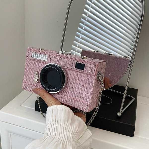 Small bag, women's camera bag, box bag, shiny film, single shoulder small square bag, crossbody chain, single shoulder bag 241215