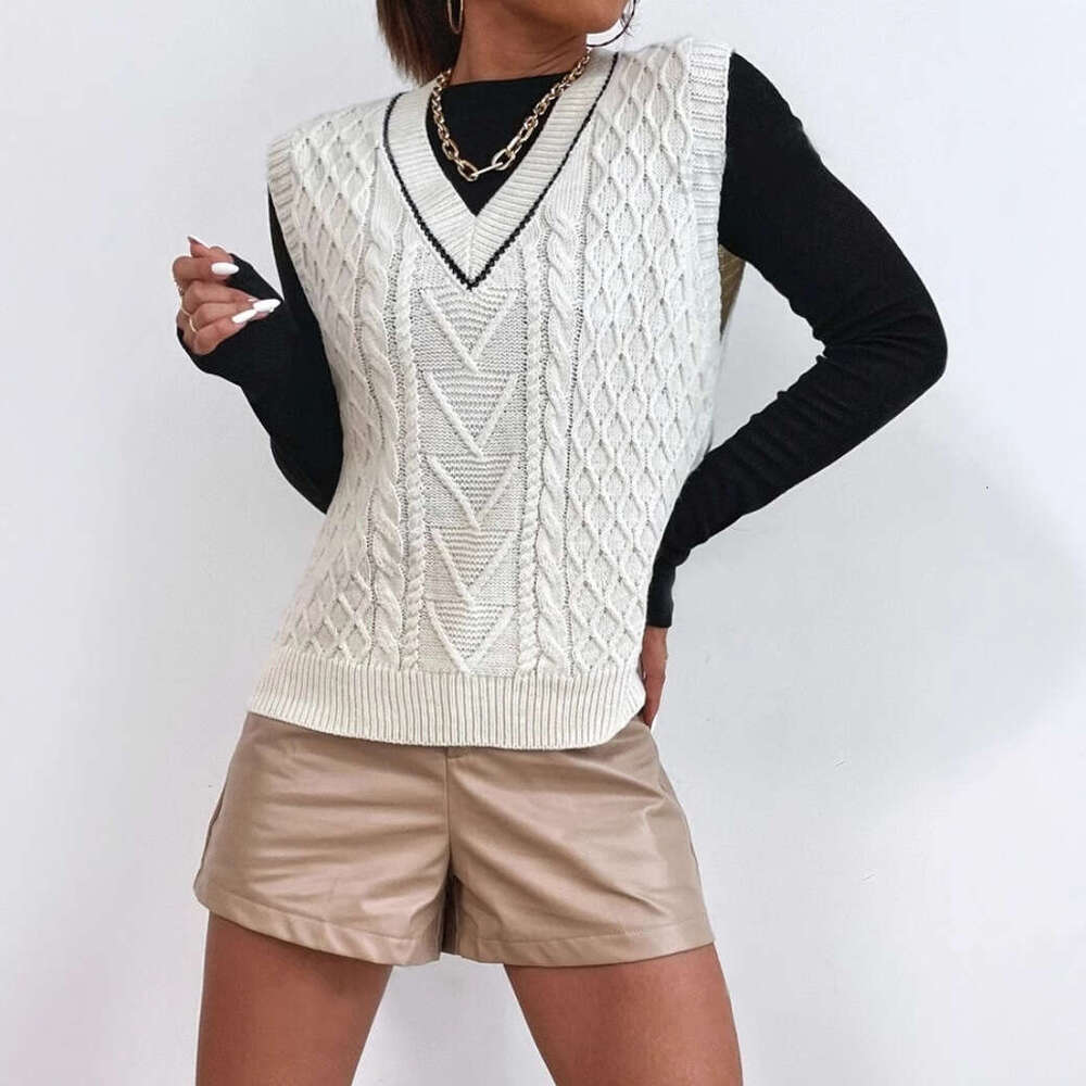 European And American Autumn Clothes Women's Knitted Sweater Short Top Vest V-Neck Sleeveless Fashion Quality Classic