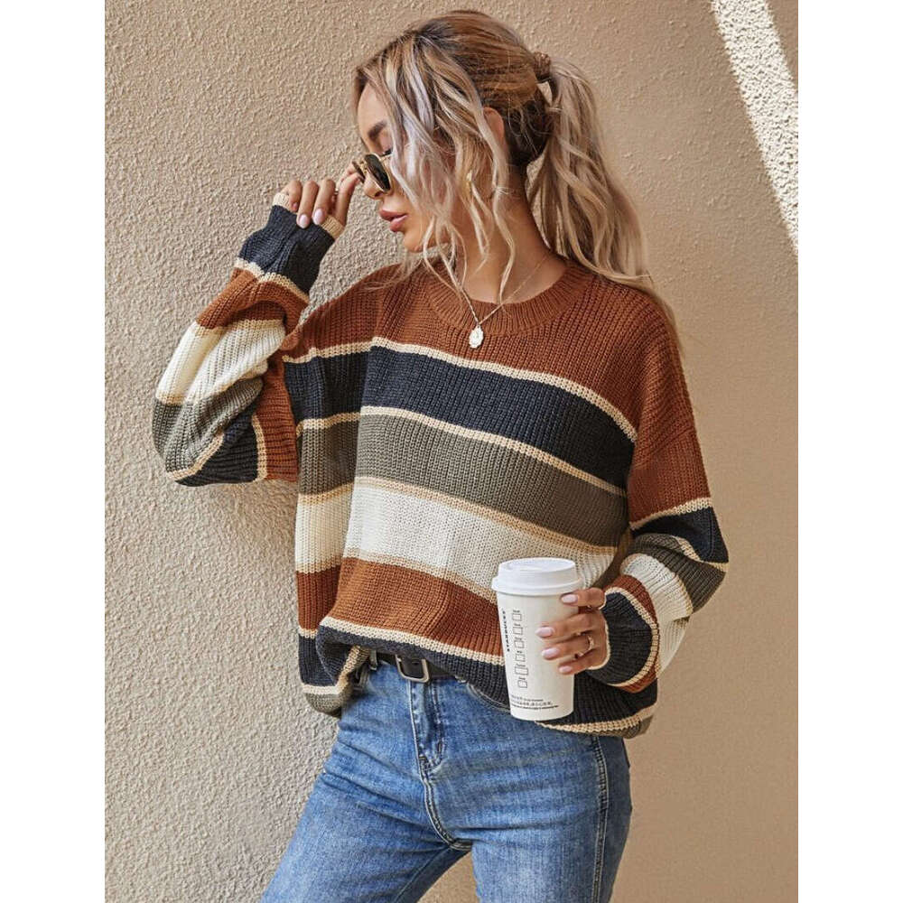 European American Foreign Trade And Winter Round Neck Sweater Women's Lazy Loose Classic Striped Long Sleeved Clothes Autumn Women