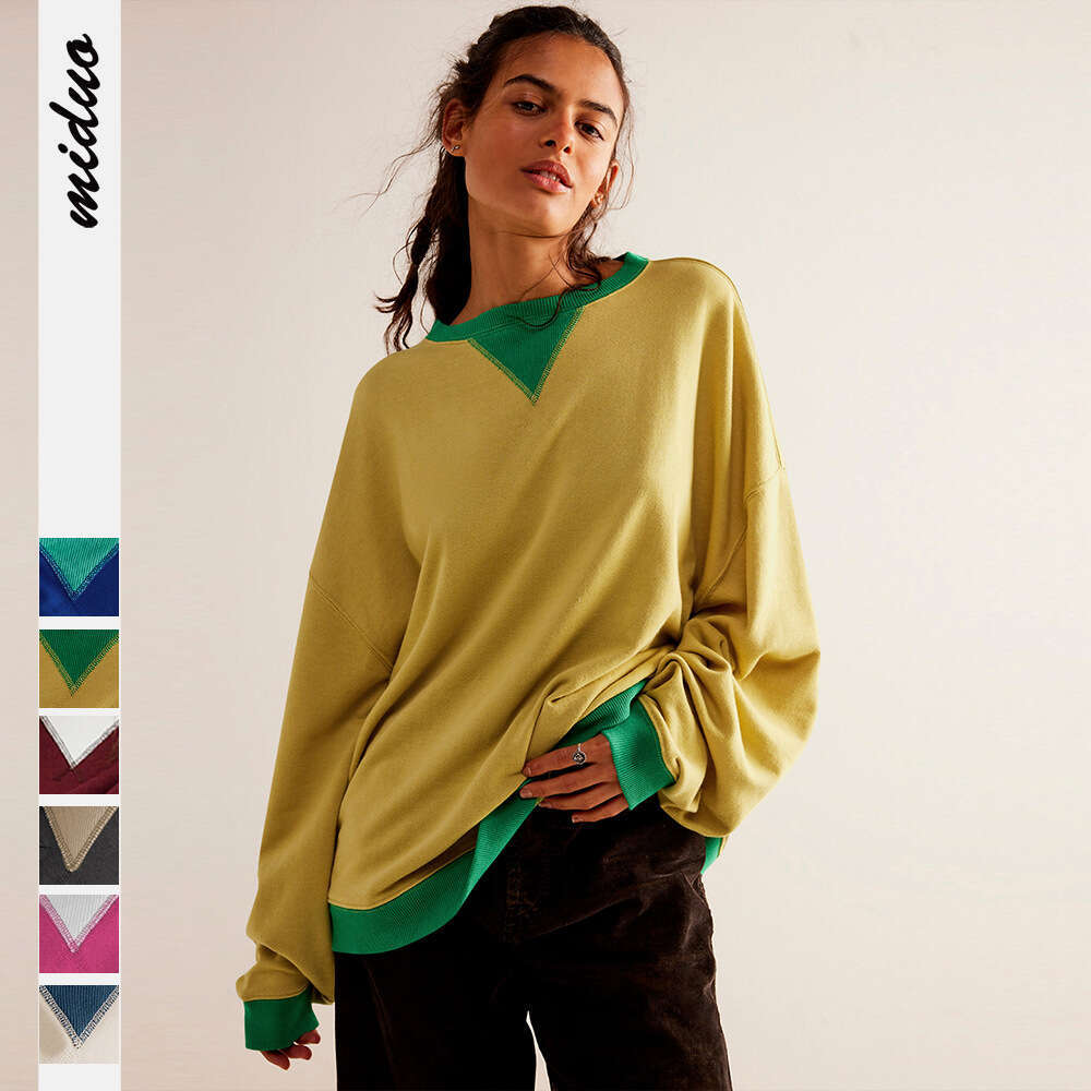 Street Style Contrasting Color Thread Long Sleeved Top, Loose Trendy Brand Off Shoulder Round Neck Hoodie Jacket, Women's Spring And Autumn Fashi