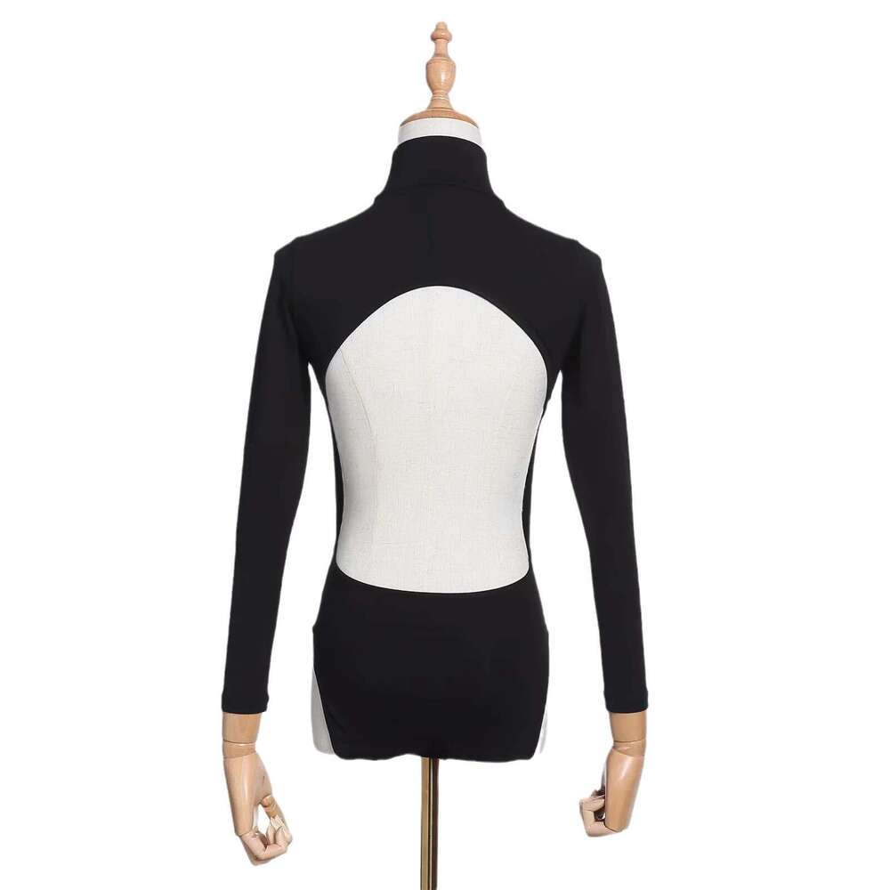 European and American INS solid color small high neck slim fit sexy big backless T-shirt women's versatile long sleeved base jumpsuit 2024 new ca