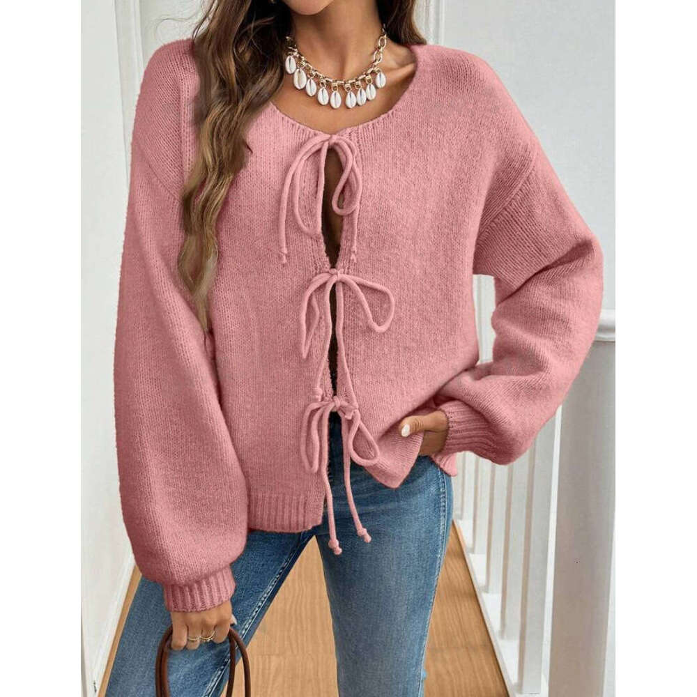 European American And Winter Clothing, Autumn Women's Casual Loose Cardigan, Lace Up Solid Color Sweater