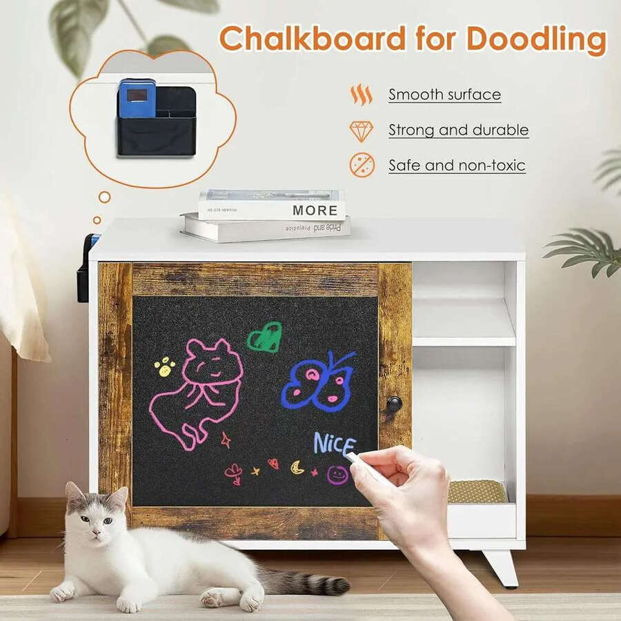 Modern Hidden Cat Litter Box Enclosure Furniture With Scratching Pad, White + Vintage Color Door Frame