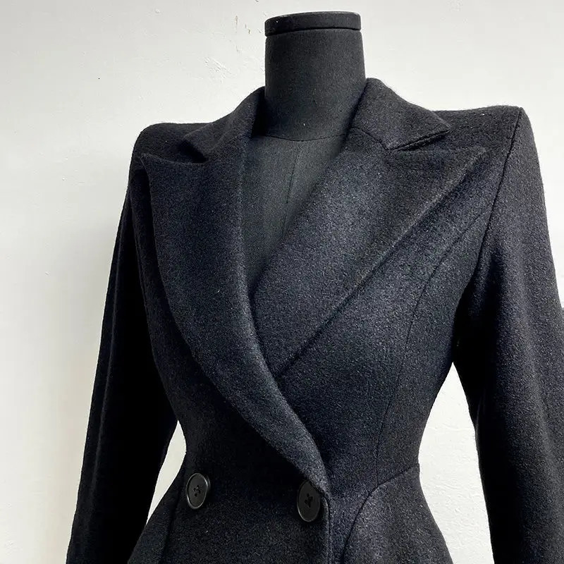 French Style Waist Slimming Woolen Suit Korean Fashion Slim Fit Black Mid Length Woolen Suit Coat Women Clothing 241214