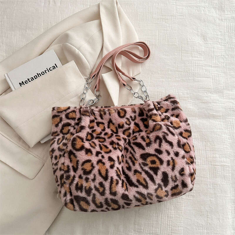Simple Large Capacity New Trendy Leopard Print Plush Tote Atmospheric Fur Shoulder Bag, Women's Bag