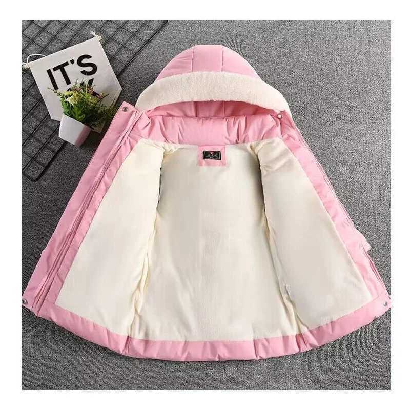 2-8 Years Warm Winter Girls Jacket Fur Collar Removable Hat Plush Lining Heavy Hooded Kids Coat Children Outerwear Send GlovesXJ241214