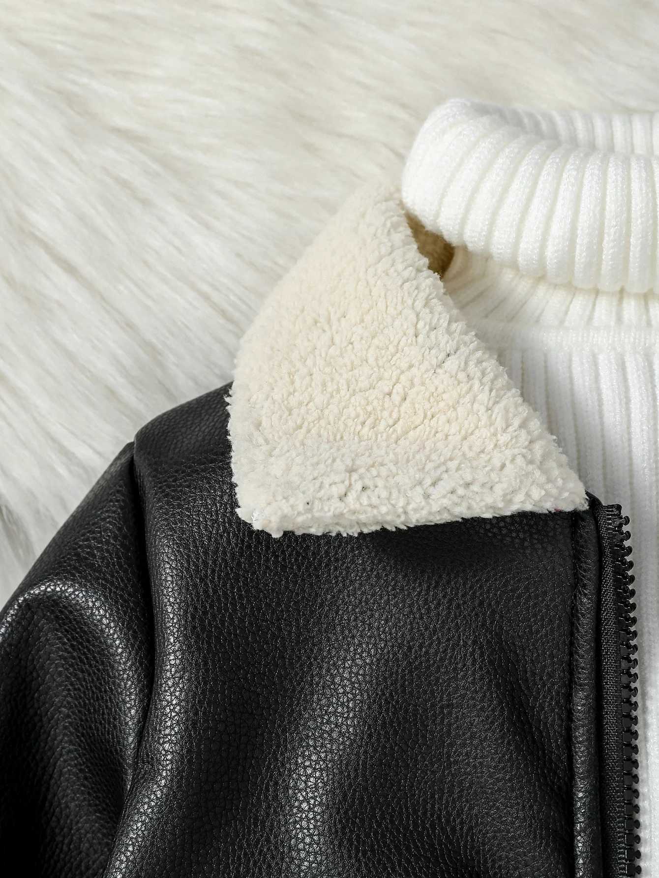 2024 Baby Boys New Outdoor Leisure Windproof Pu Jacket With Pocket Autumn Winter Plus Fleece Thickened Leather Fashion JacketXJ241214