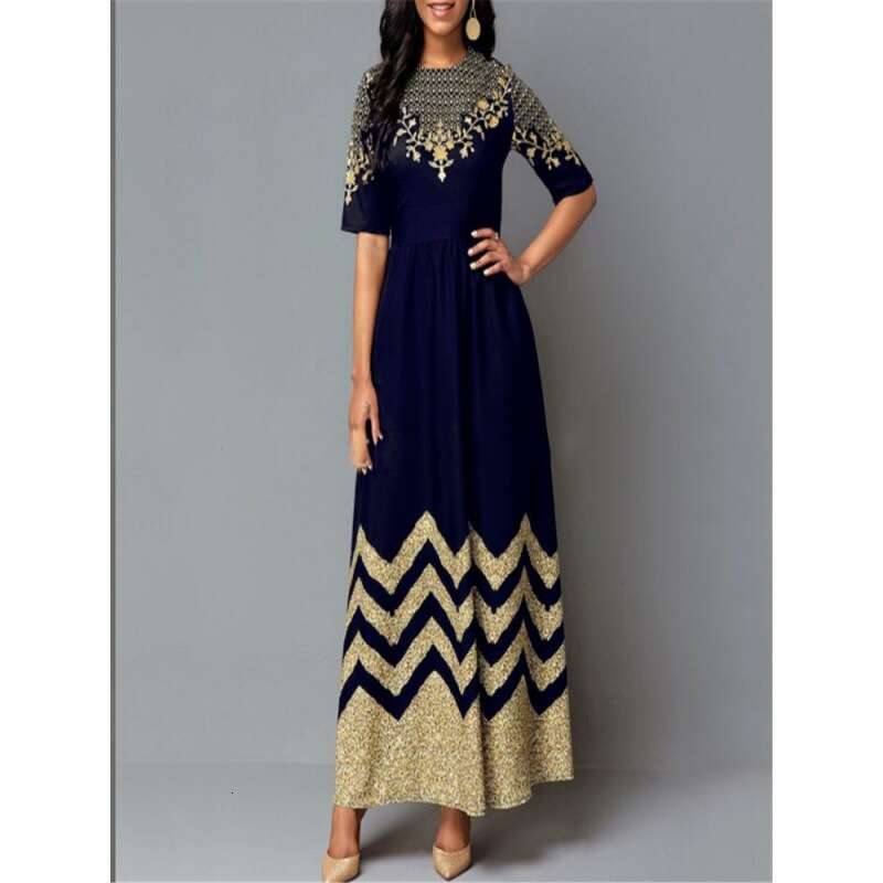 European and American mid sleeve printed African long skirt round neck elegant retro women 2024 new casual versatile fashion clothing