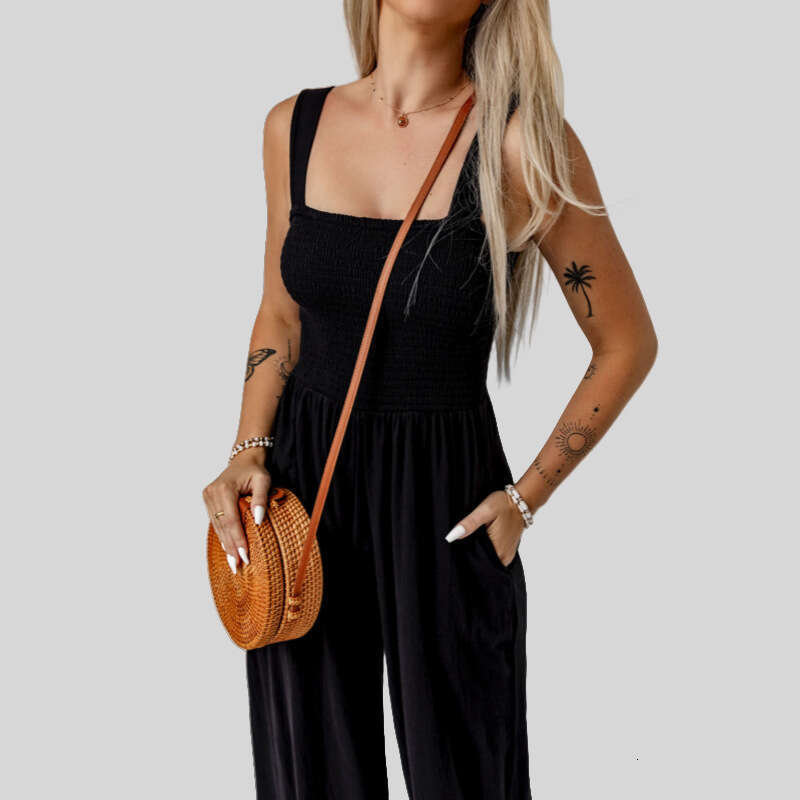 Black Square Collar Pleated Jumpsuit For Women, European And American Casual Slimming Overalls, Wide Leg Pants