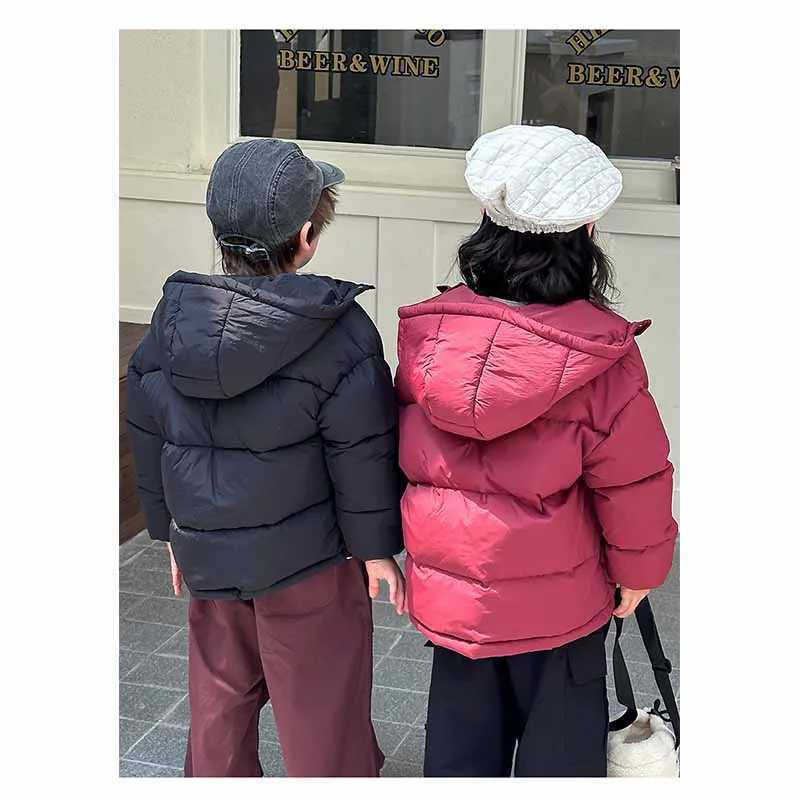 Kids Thickened Jacket Boys Warm Hooded Cotton Clothing Girls Padded Coat Winter Solid Color Casual Outerwear Childrens SnowsuitXJ241214
