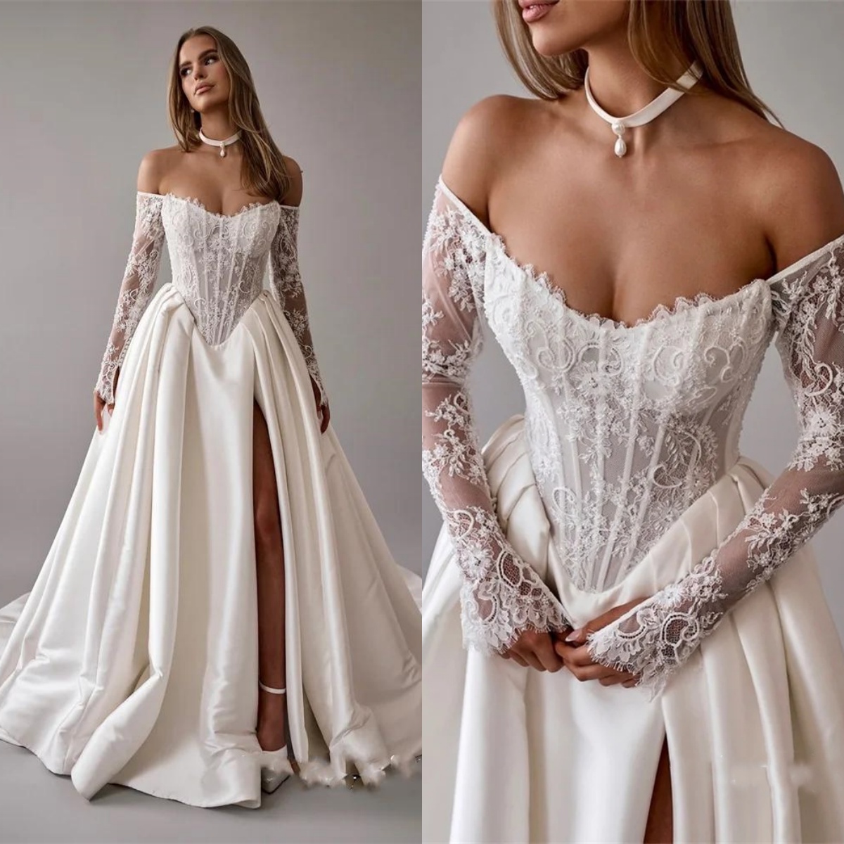 Elegant Bridal Dress Lace Appliques Wedding Off Shoulder Long Sleeves A e Gown Split Side Sweep Train Customized Dresses Vestido De Novia