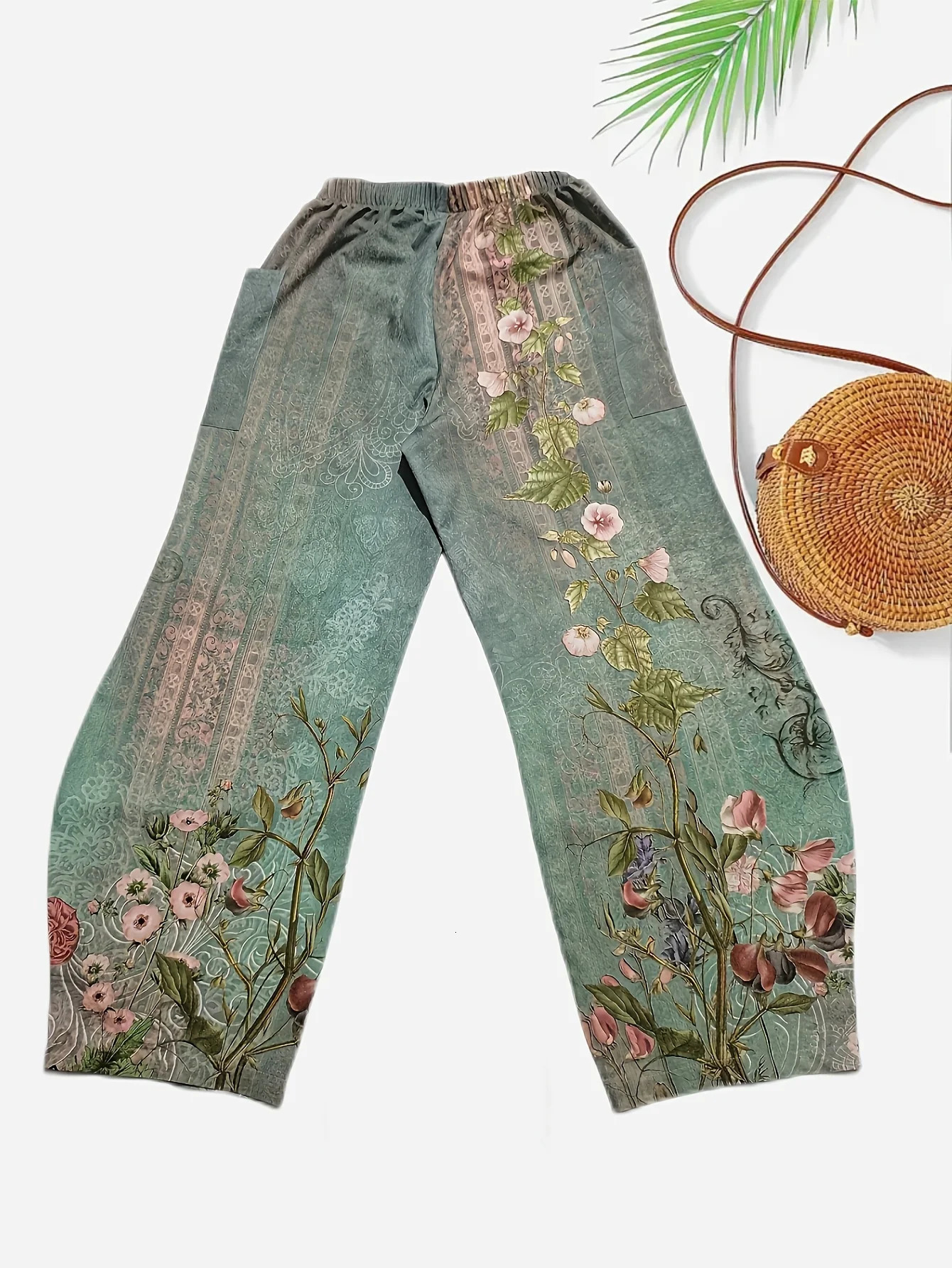Ladies Diagonal Pocket Wide Leg Pants For Daily Casual And Elegant Floral Fashion Printed Loose Womens Clothing 241212