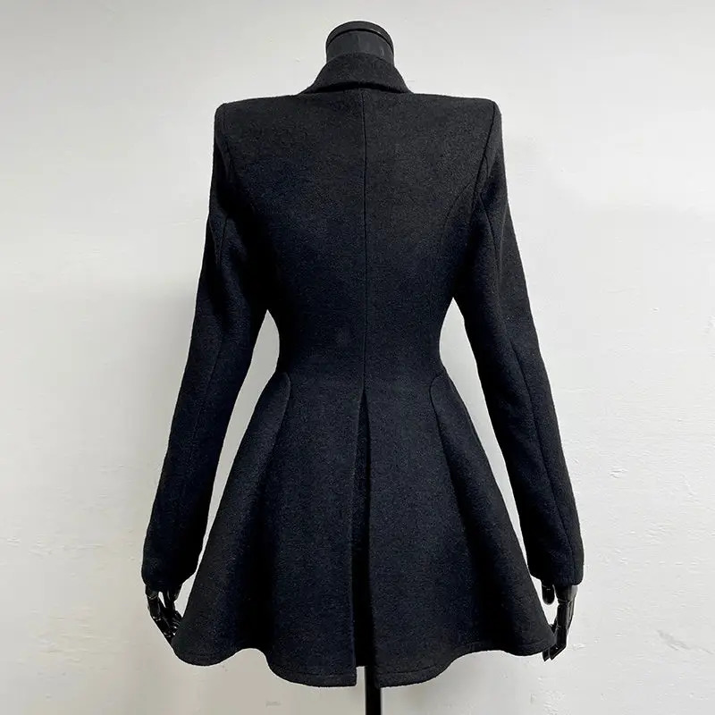 French Style Waist Slimming Woolen Suit Korean Fashion Slim Fit Black Mid Length Woolen Suit Coat Women Clothing 241214
