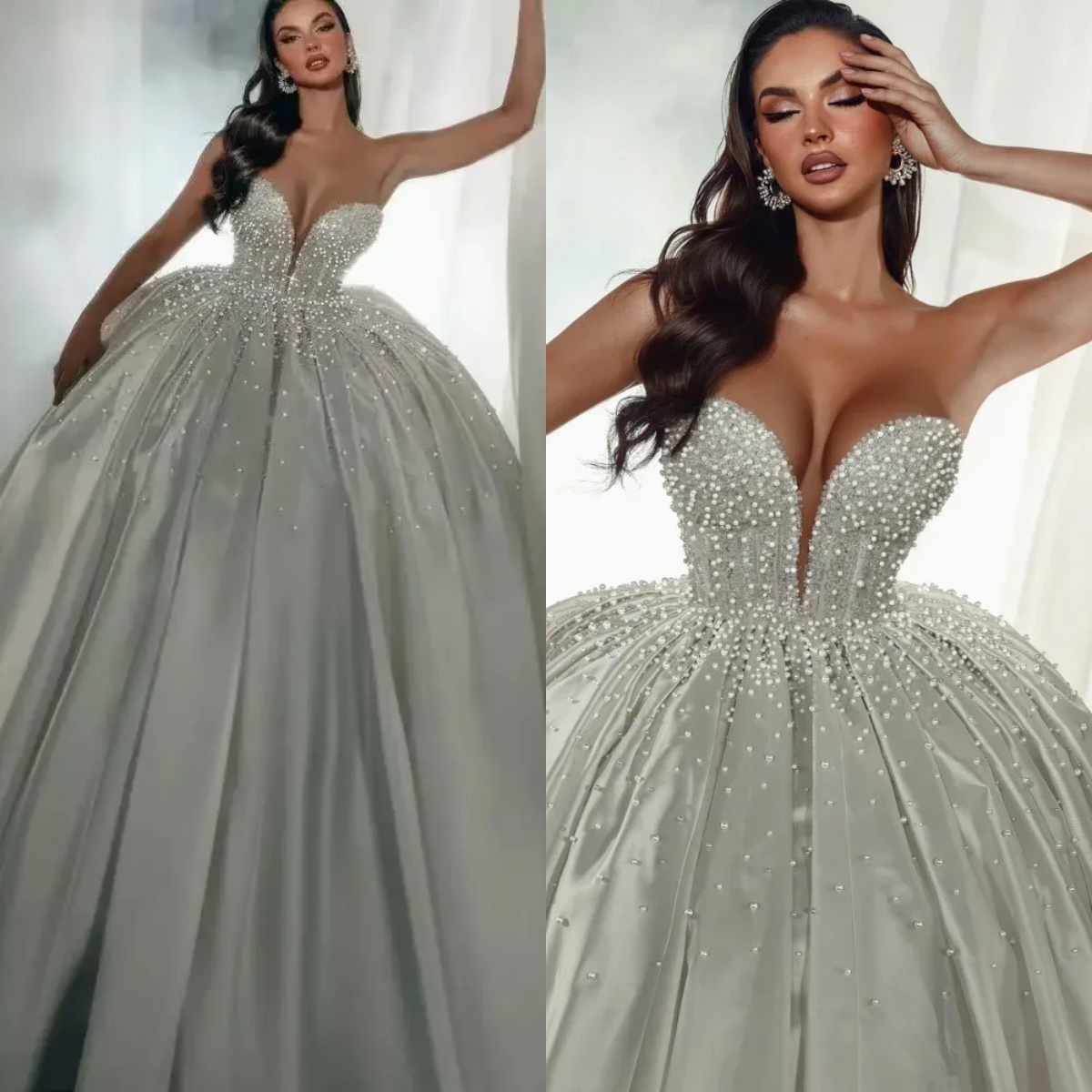 Gorgeous Ball Women Wedding Dress Sweetheart Neck Sleeveless Bridal Gown Pearl Sequins Sweep Train Dresses Customized Vestido De Novia
