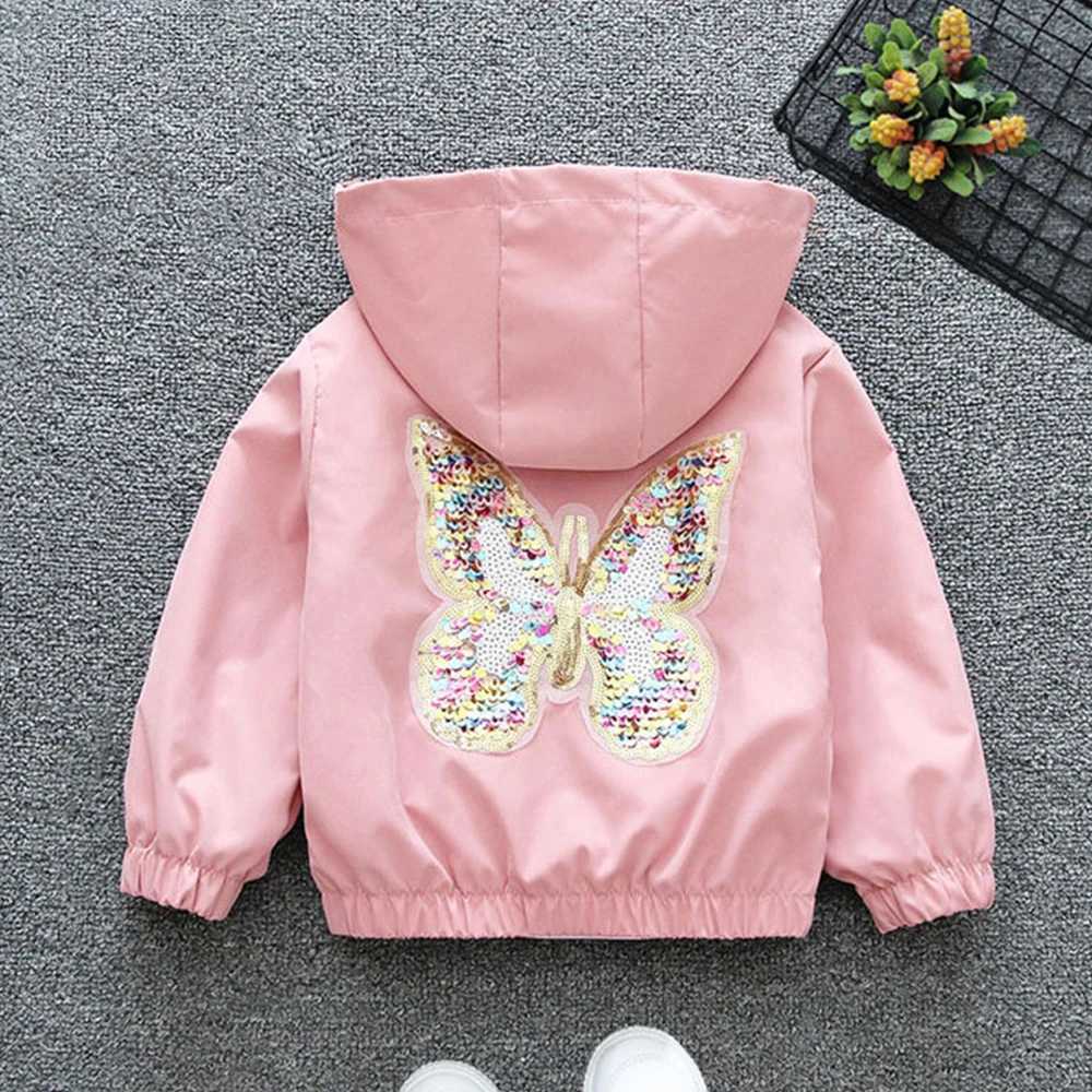 Girls Jacket 2023 Autumn/Winter New Childrens Hooded Coat Sequin Butterfly Zipper Jacket Childrens Fashion JacketXJ241214