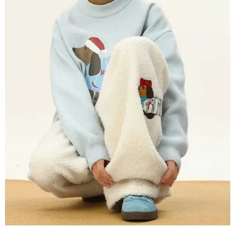 Winter Lambswool Sweatpants Men Women Cartoon Embroidered Padded Thicken Warm Casual Trousers Male Unisex Couple Straight Pants X241216