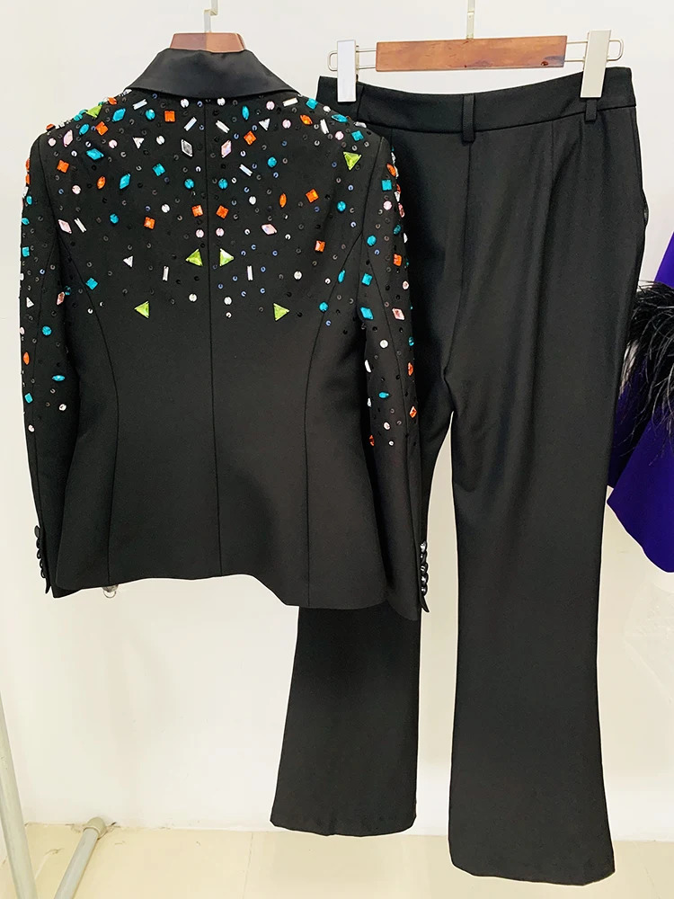 HIGH STREET est 2024 er Runway Fashion Suit Set Womens Slim Fitting Strass Diamonds Beaded Blazer Pants Set 241214