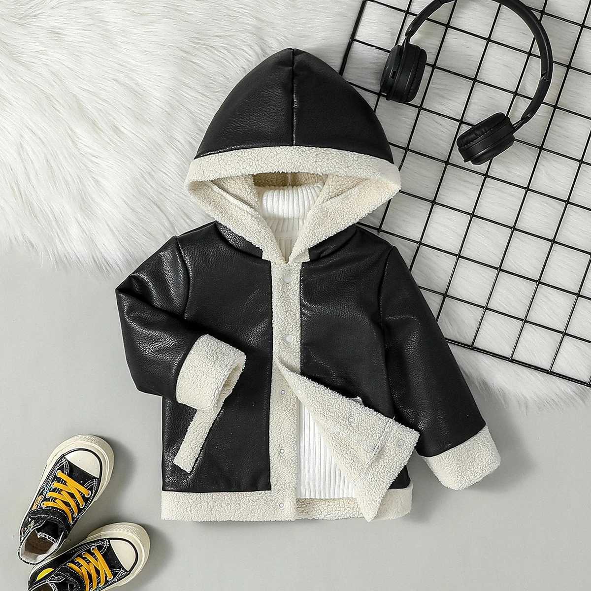 Baby Boys Winter 2024 New Sle Open Stitch Hoodie Leather Jacket Plush With Pocket For 9M-4Y Kids Outdoor WearXJ241214