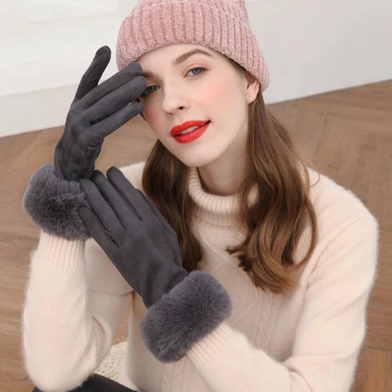 Womens artificial rabbi fur suede leather touch screen driving gloves winter warm plush thick embroidery full finger bicycle H92 241212