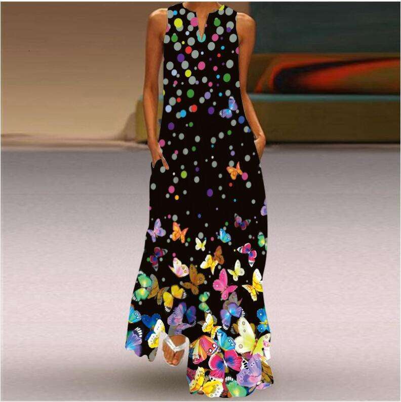 2021 summer sleeveless long skirt V-neck printed emerald wer dress European and American women's 2024 new casual versatile fashion clothing