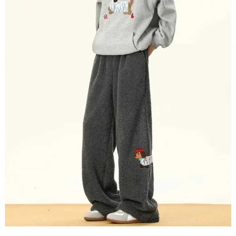 Winter Lambswool Sweatpants Men Women Cartoon Embroidered Padded Thicken Warm Casual Trousers Male Unisex Couple Straight Pants X241216