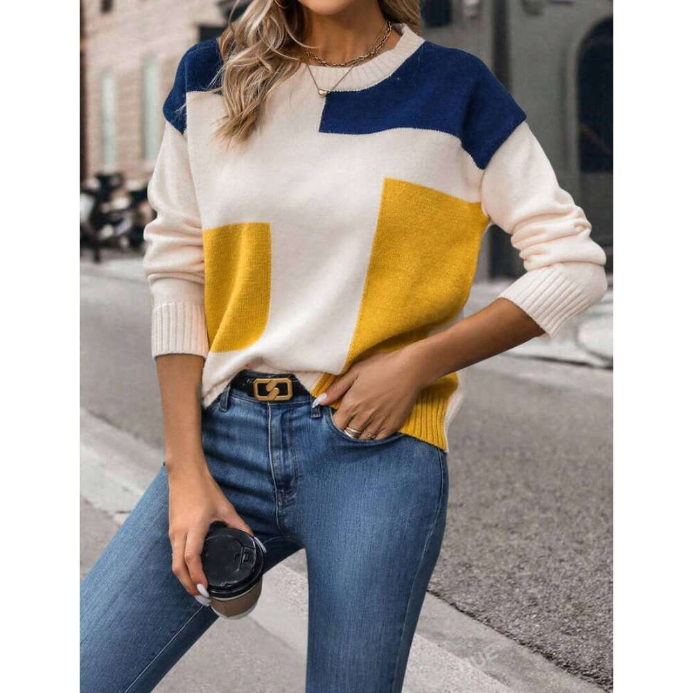 Autumn Clothing For Women In European And American Foreign Trade, Color Blocked Knitted Sweaters, Round Neck Pullover Tops, Fashionable Quality, Class