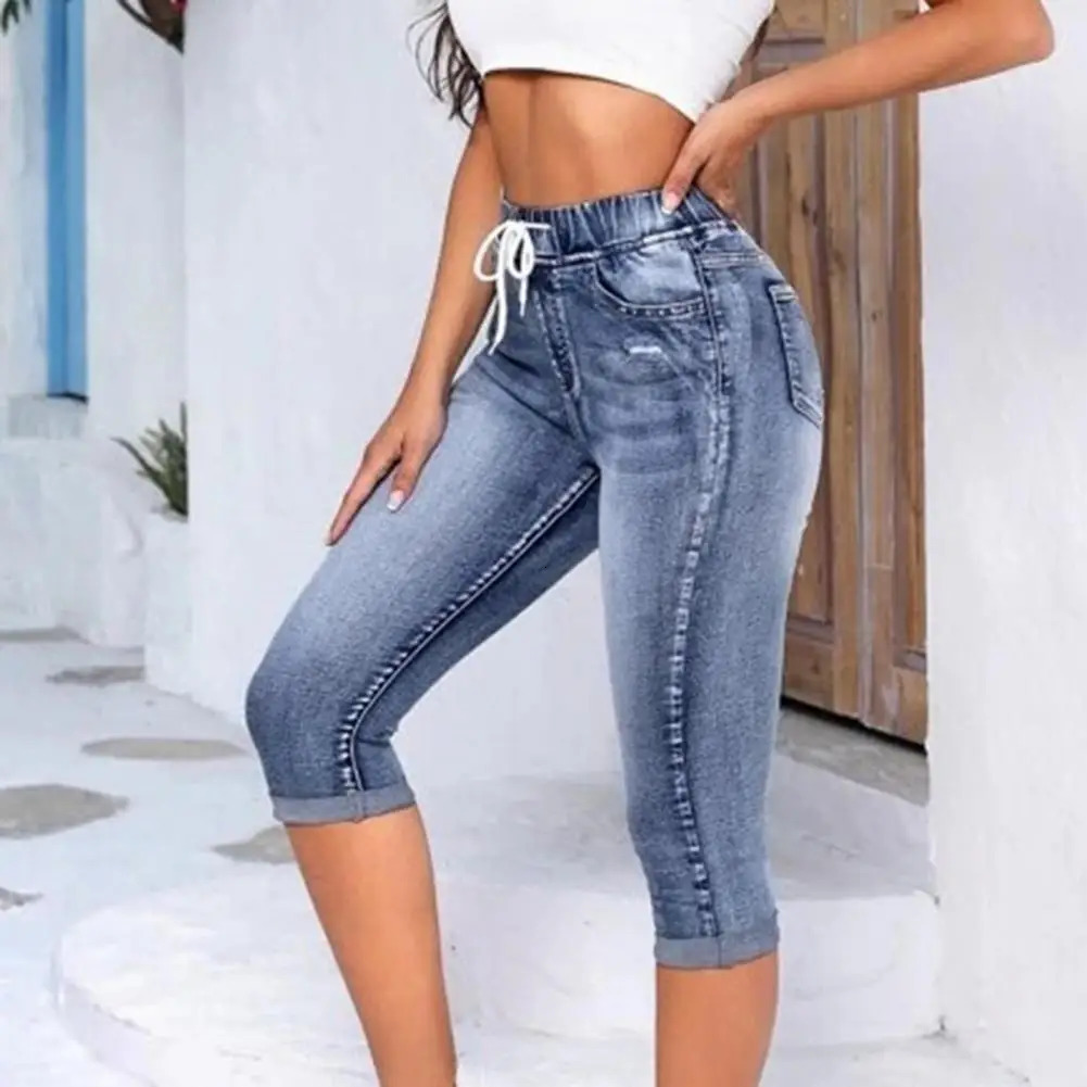2024 High Waist Jean Leggings Vintage Elastic Drawstring Pockets Denim Pants Calf Length Jeans Slim Fit s 241212