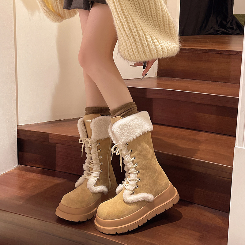 2025 winter new all-in-one thick sole warm and fluffy fashion snow boots women's mid-tube woolen hot cotton shoes super fire ootd