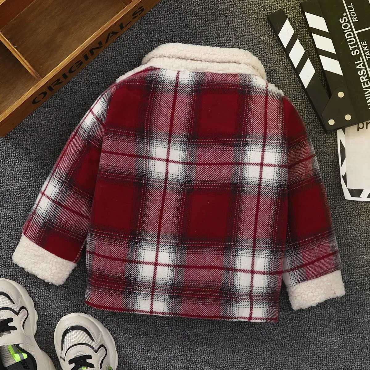 1-6 year old boys spring and autumn sle spliced fleece collar single breasted checkered versatile casual jacketXJ241214