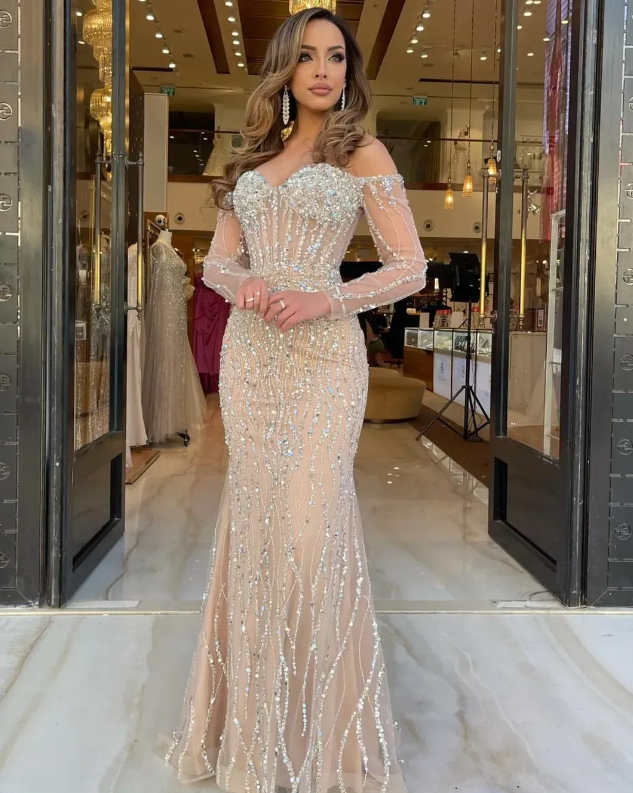 Champagne Glitter Beaded Sequins African Reception Dress Asoebi Mermaid Side Split Formal Prom Dresses Party Evening Gowns