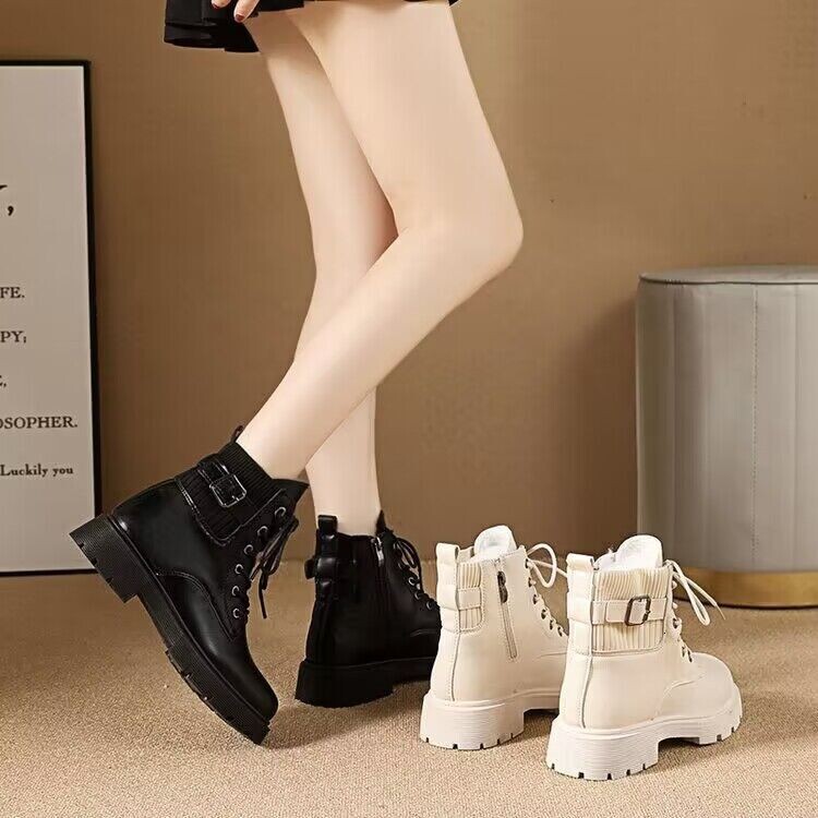 Popular Korean version thick soled and plush sock tube boots, short tube Martin boots, soft soled non slip cotton shoes, 2024 autumn/winter trendy lea
