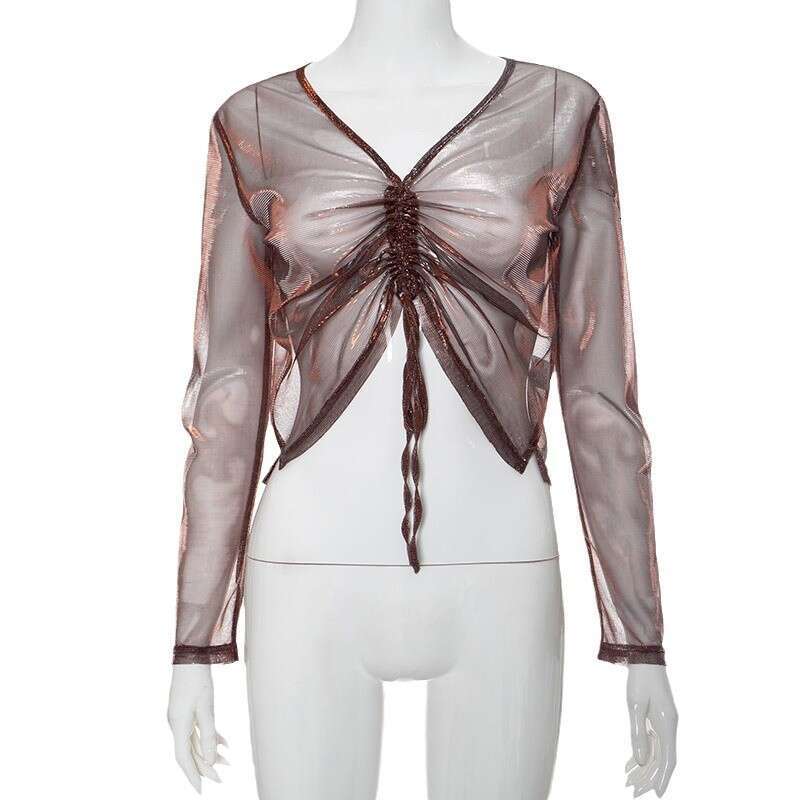 Summer New European American Women's Wear Solid Color Perspective Mesh V-Neck Front And Back Butterfly Short Top For Women