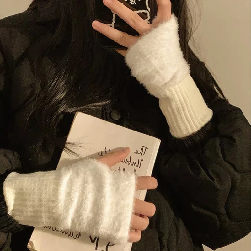 2 pairs of mink wool soft winter half finger gloves for women warm and ious pure white plush knitted fingerless 241212