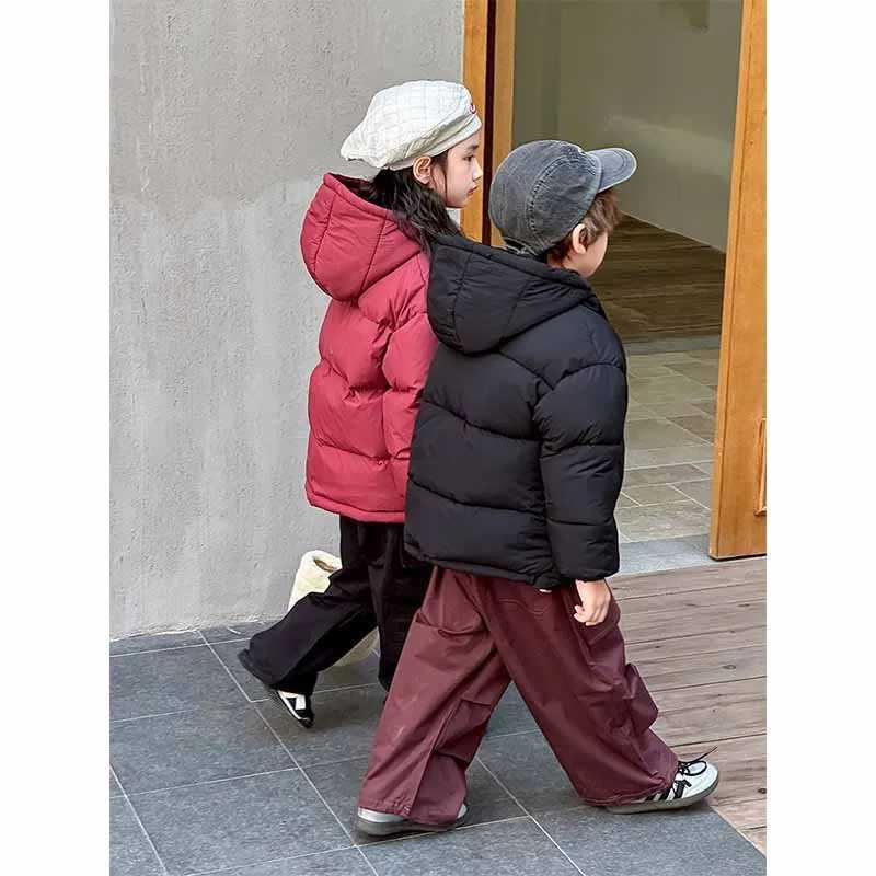 Kids Thickened Jacket Boys Warm Hooded Cotton Clothing Girls Padded Coat Winter Solid Color Casual Outerwear Childrens SnowsuitXJ241214