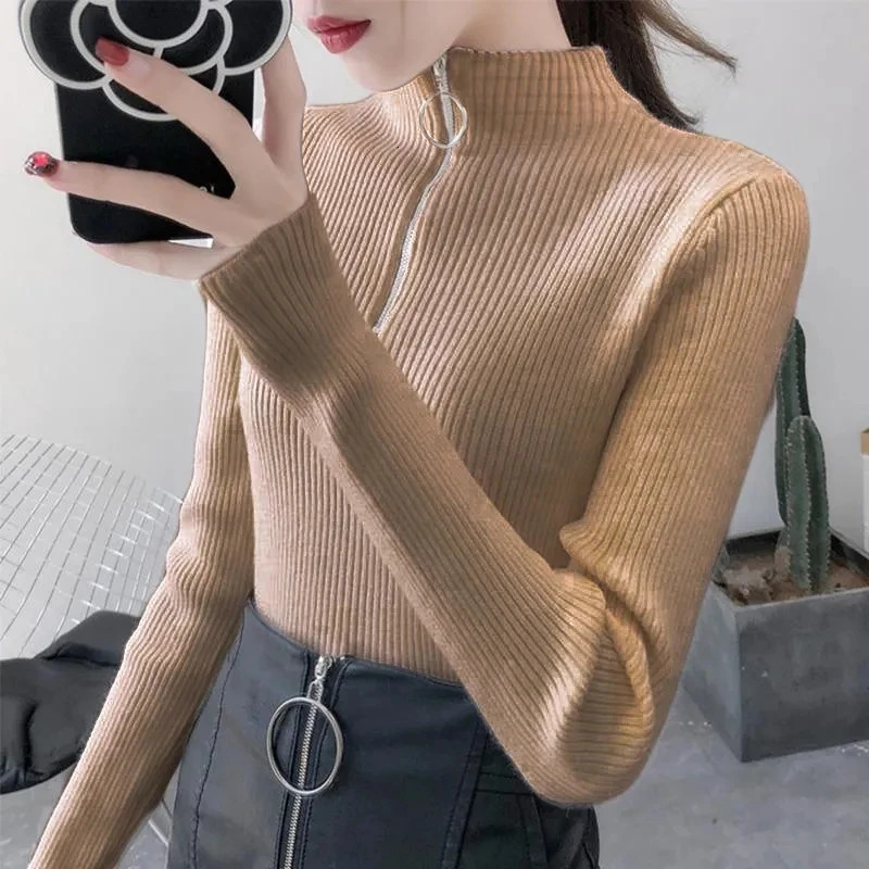 Knitted womens zipper semi high neck sweater with floral pattern basic for autumn and winter ultrathin solid knitted top 241211