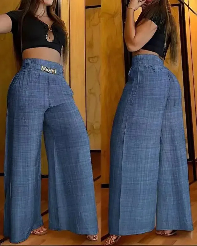 Womens high waisted wide leg pants elegant chain decoration black Trousers casual clothing white summer 241212