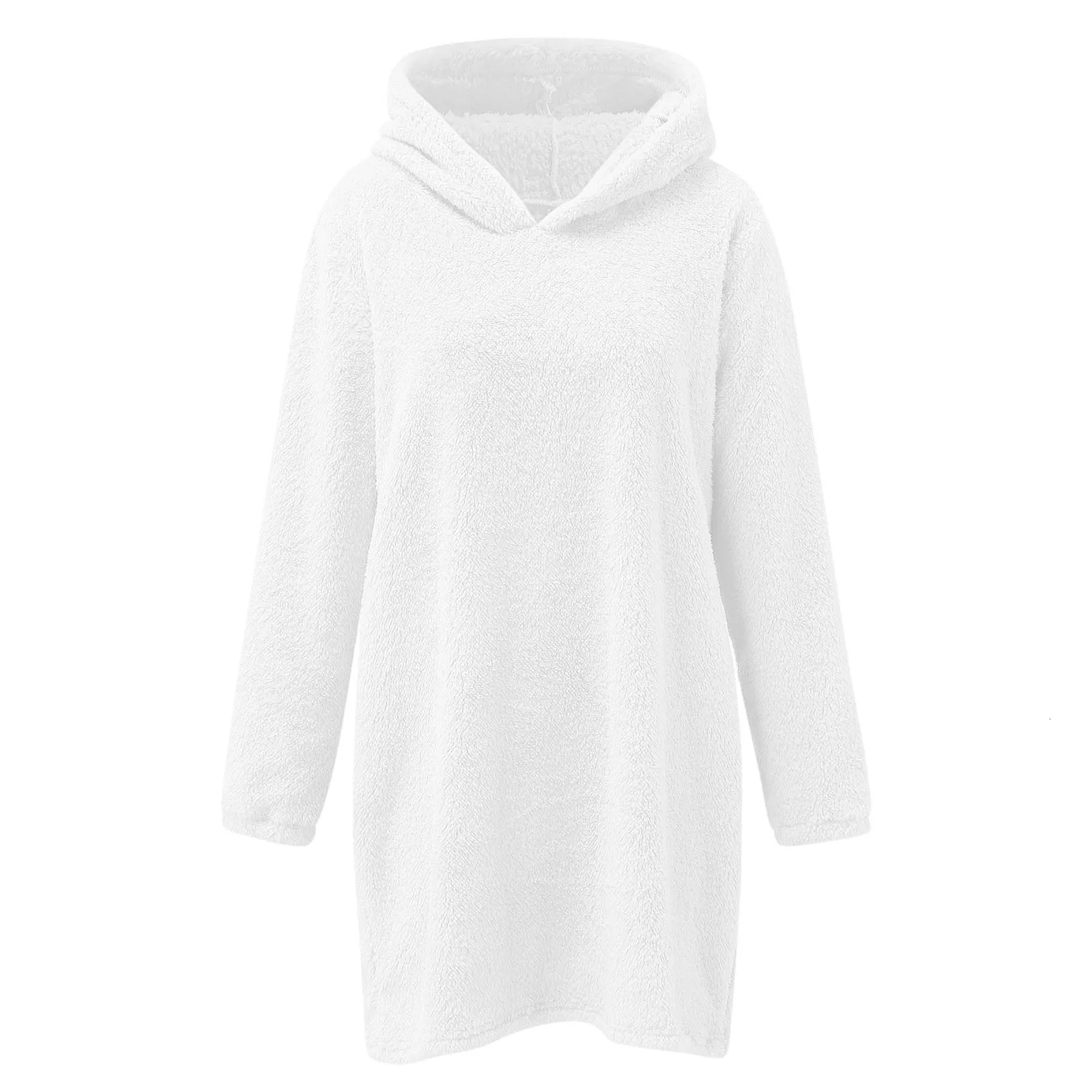 White womens plush hoodie solid color cute autumn wool hoodie long sleeved warm and soft sportswear dress 241214