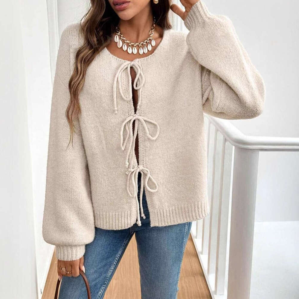 European American And Winter Clothing, Autumn Women's Casual Loose Cardigan, Lace Up Solid Color Sweater